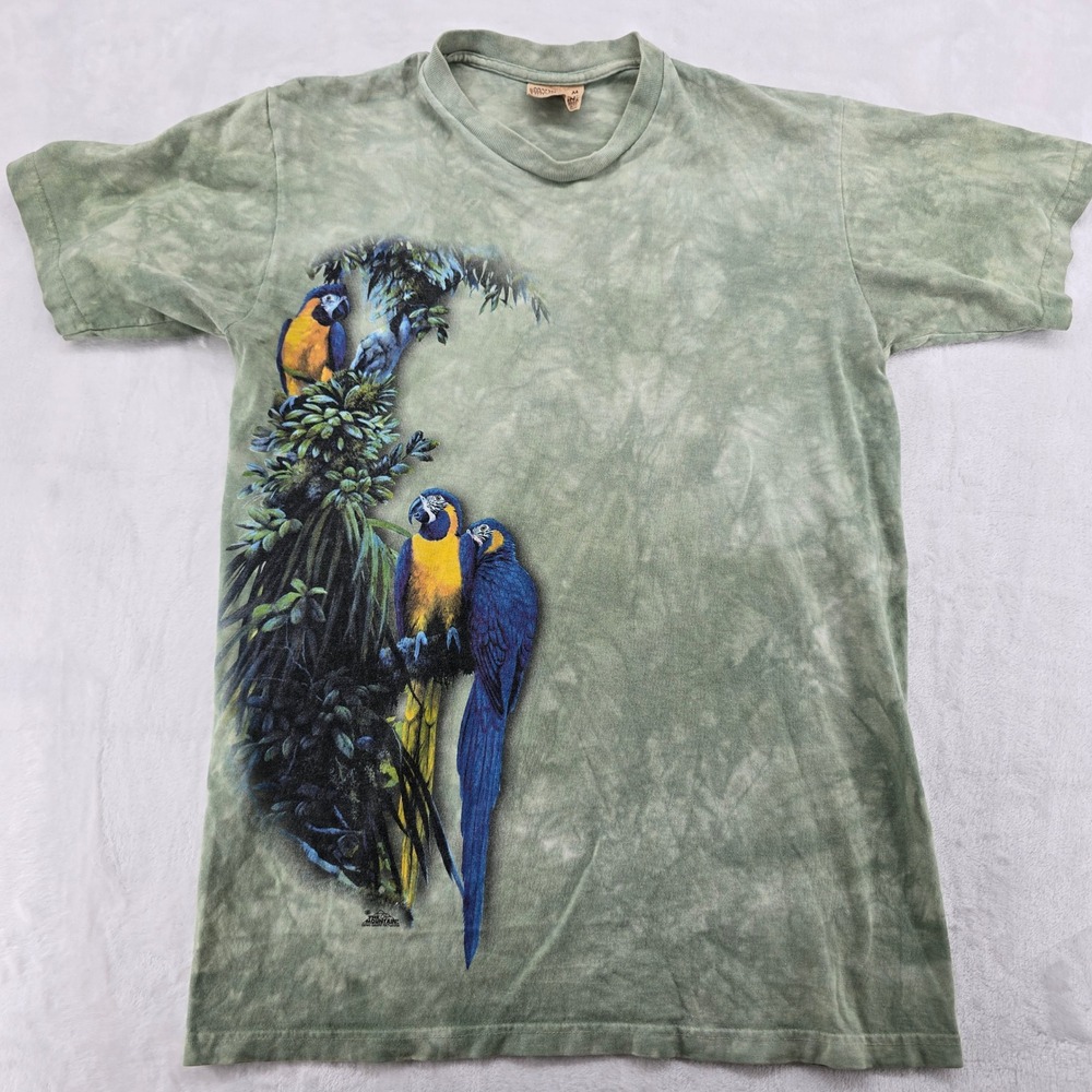 The Mountain T Shirt Mens Medium T Shirt Green Tie Dye Macaw Parrots Graphic
